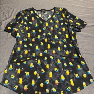 Black Minion Print Scrub Top